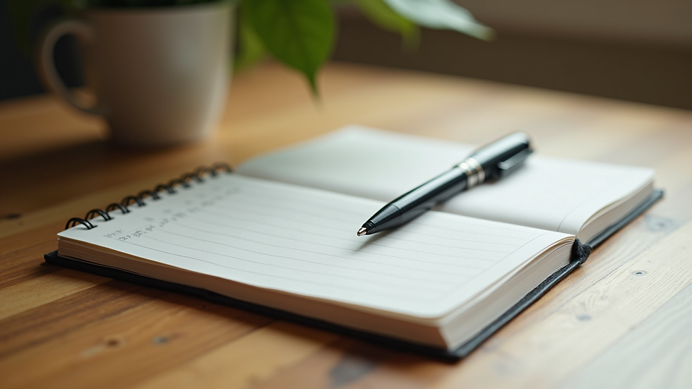 Close-up view of a journal and pen on a wooden table with soft natural light