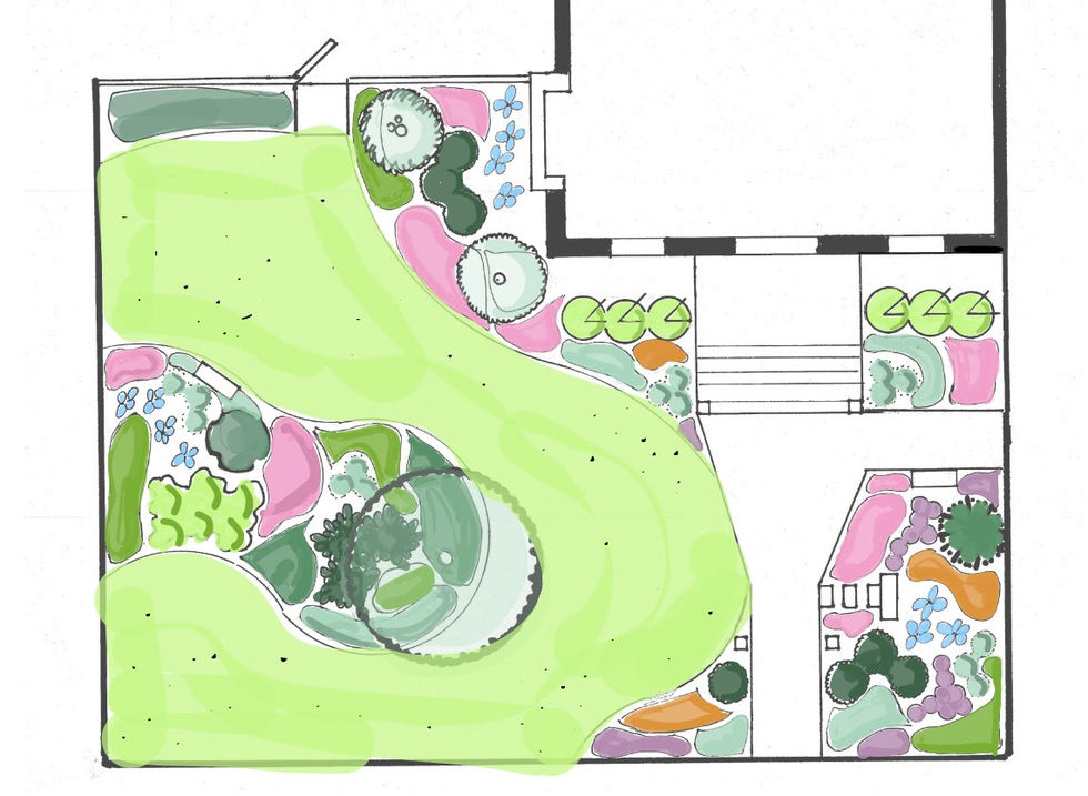 Landscape design sketch with colorful garden layout.