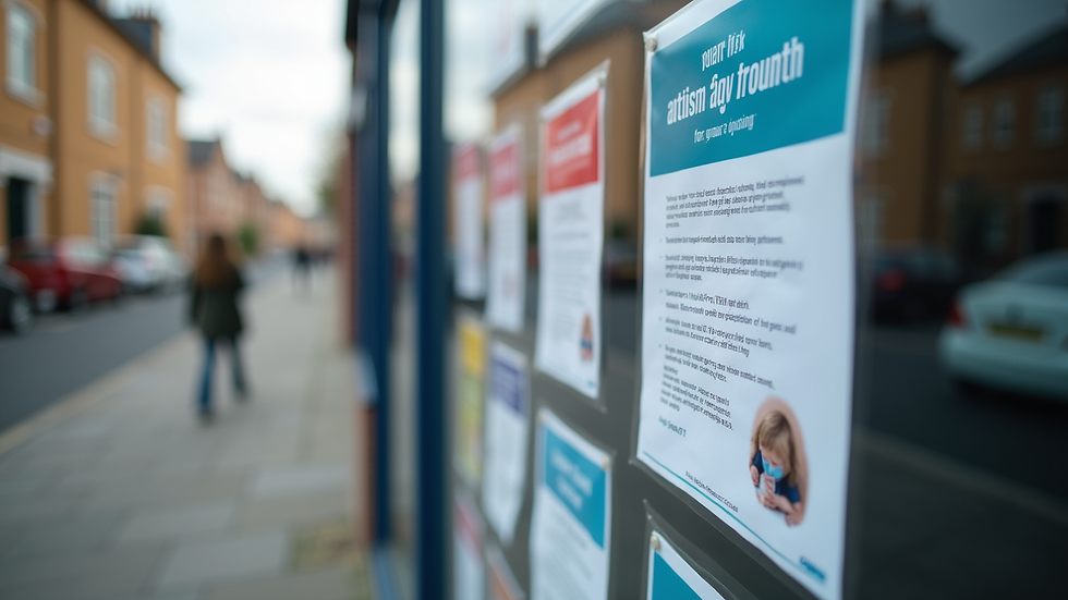 Close-up view of a community noticeboard with flyers about autism support groups