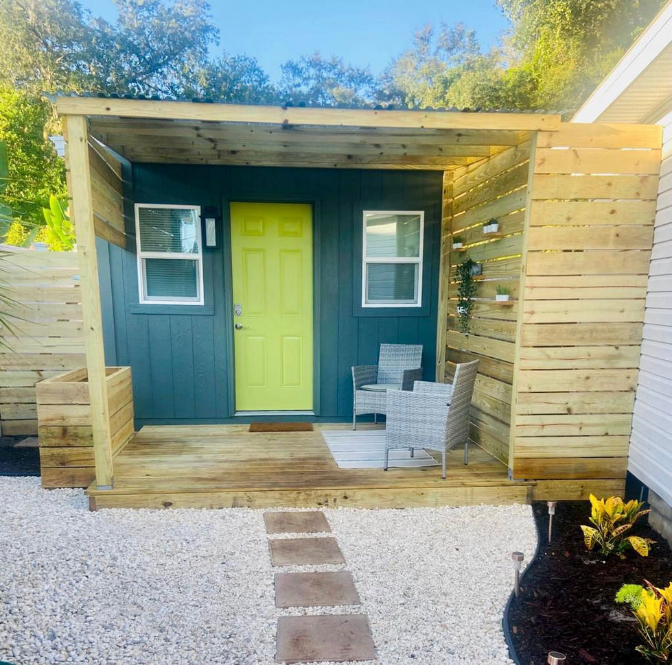 Custom Tiny Home exterior with covered porch in Charlotte, NC.