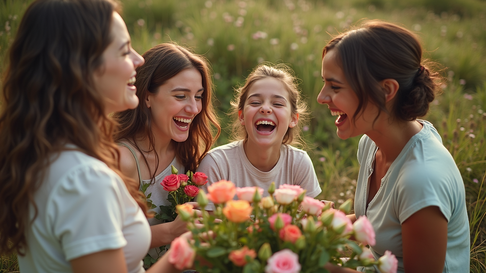 High angle view of a group of friends laughing and arranging flowers together