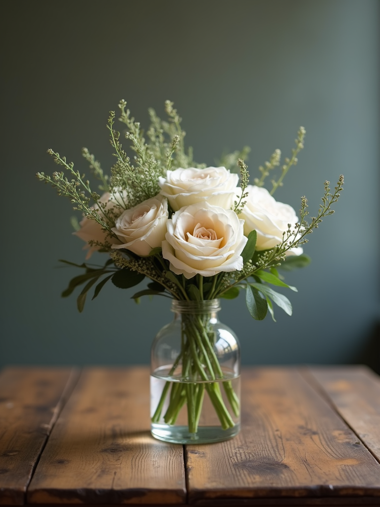 An elegant flower bouquet resting on a rustic wooden surface.