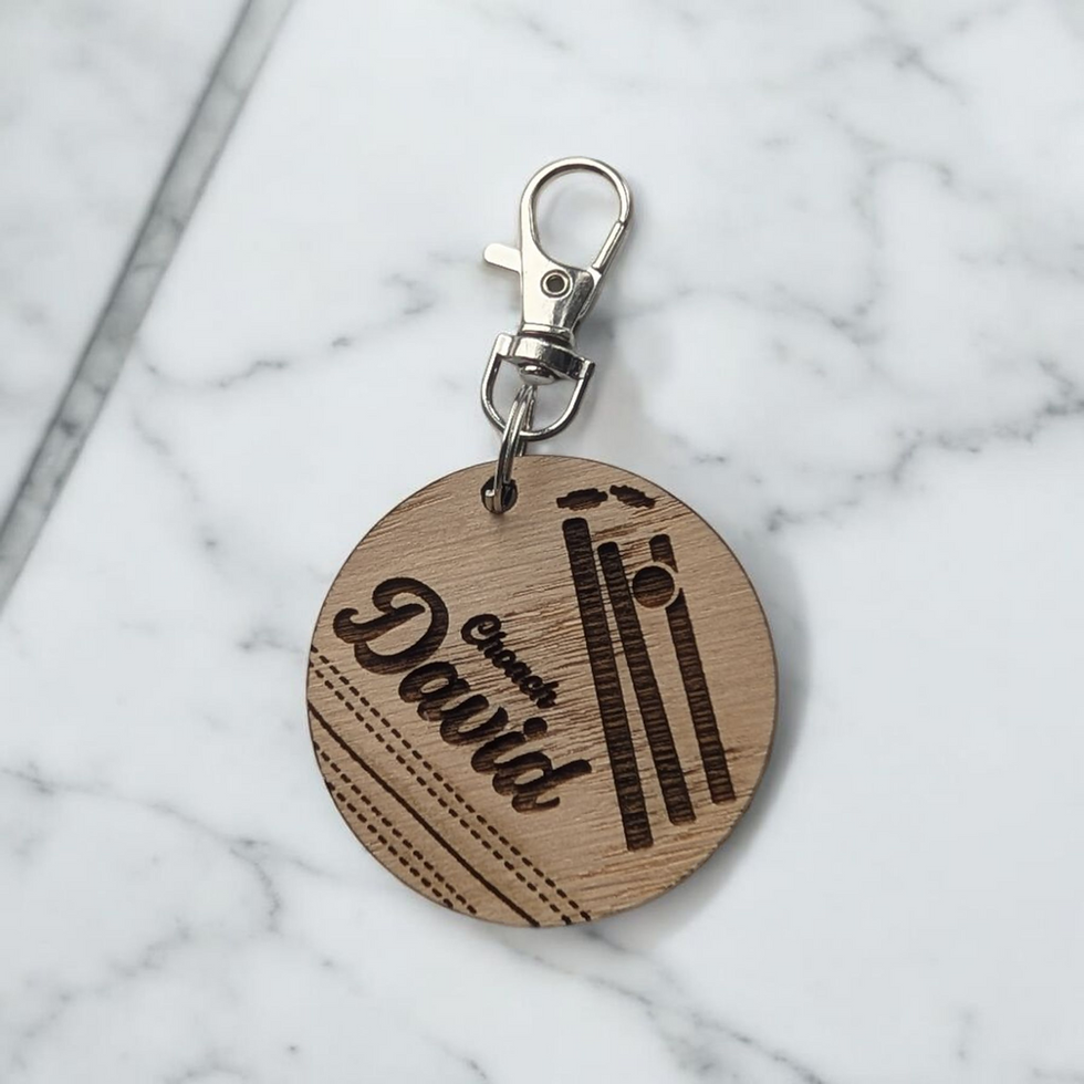 Thumbnail: Personalised Cricket Ball Keyring - Custom Name Engraved Wooden Keychain