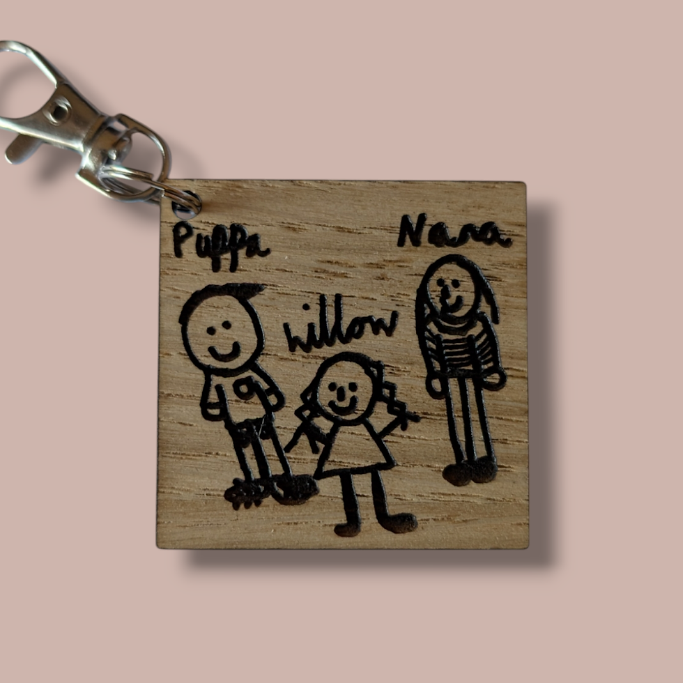 Thumbnail: Personalised Wooden Hand Drawn Laser Engraved Keyring Message Drawing Gift Idea