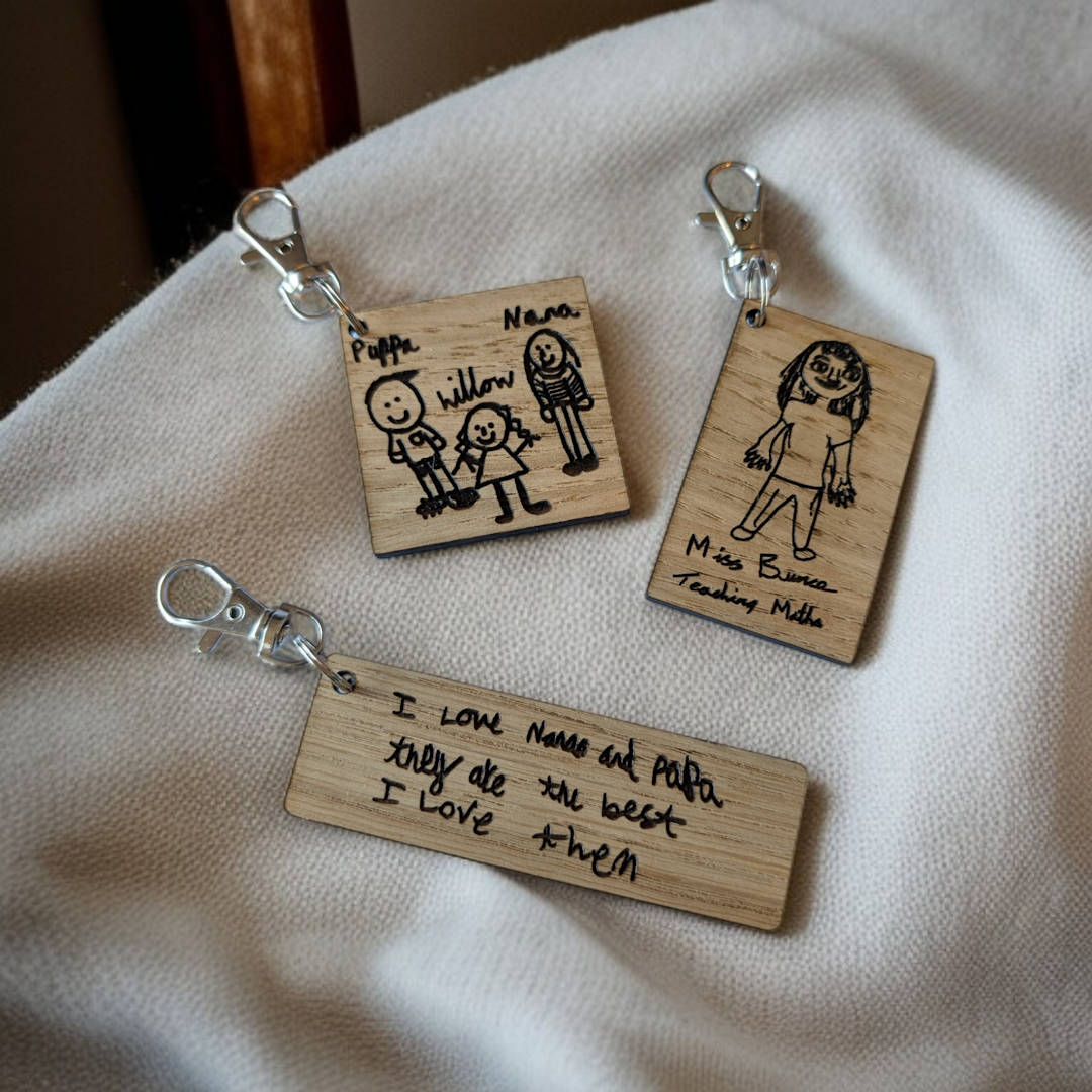 Personalised Wooden Hand Drawn Laser Engraved Keyring Message Drawing Gift Idea