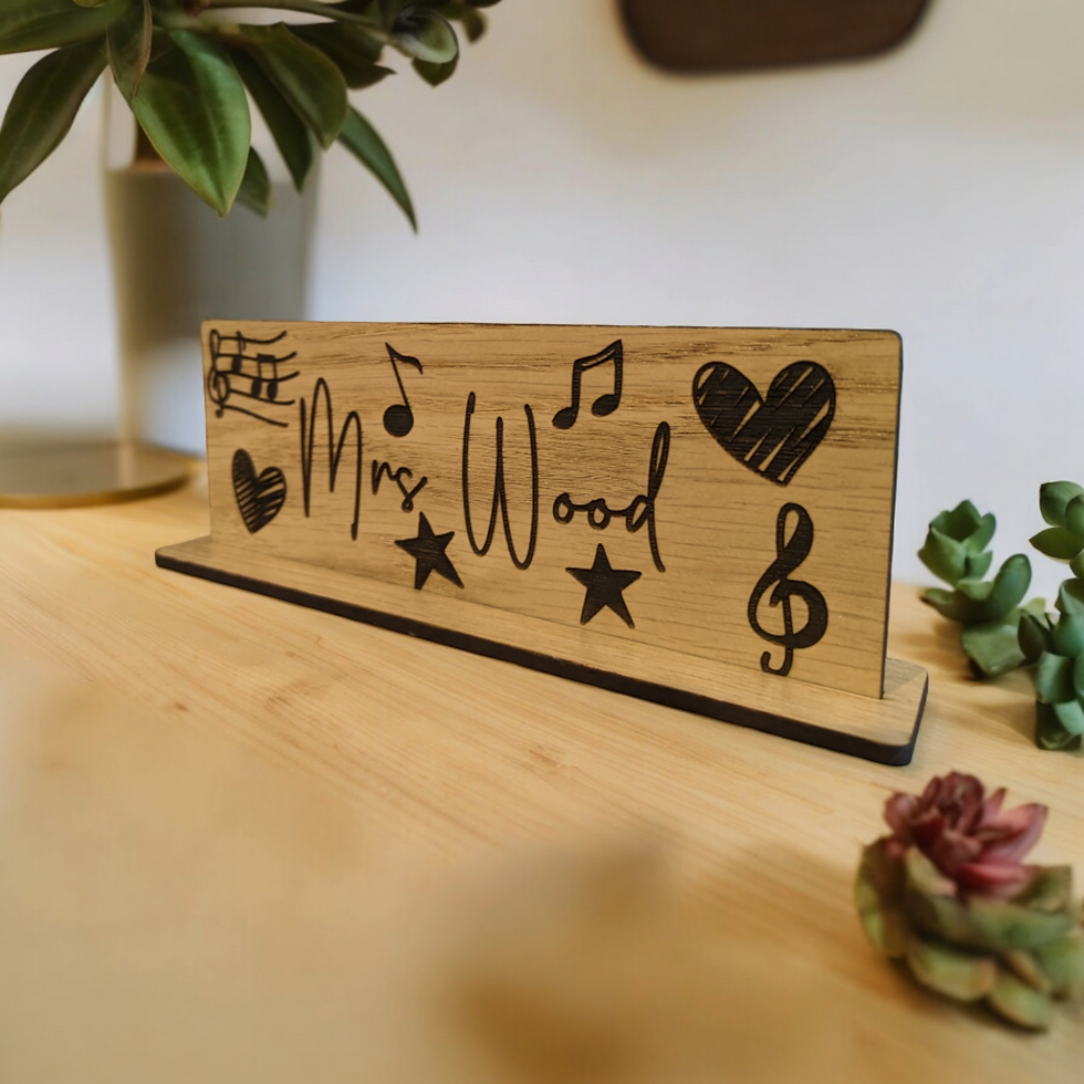 Thumbnail: Personalised Wooden Name Plaque – Custom Teacher Gift with Music Notes and Heart