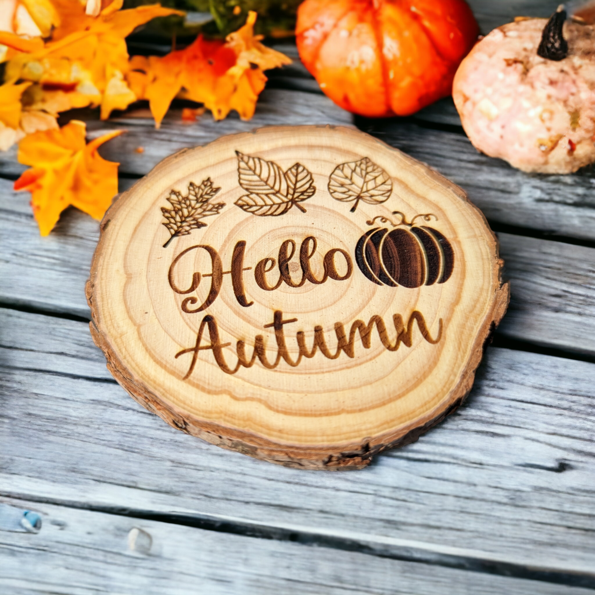 Hello autumn log slice laser engraved