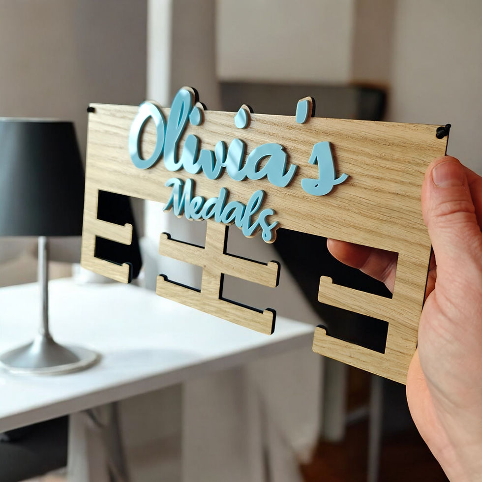 Thumbnail: Personalised Medal Hanger Name Wall Display Wood Acrylic Name For Him Her