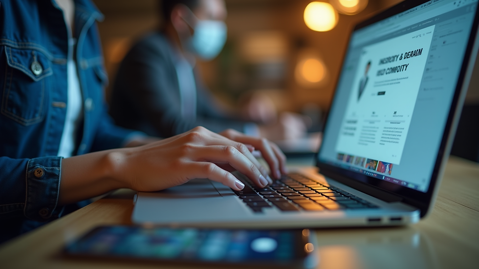 Close-up view of a person typing on a laptop with identity theft recovery websites open