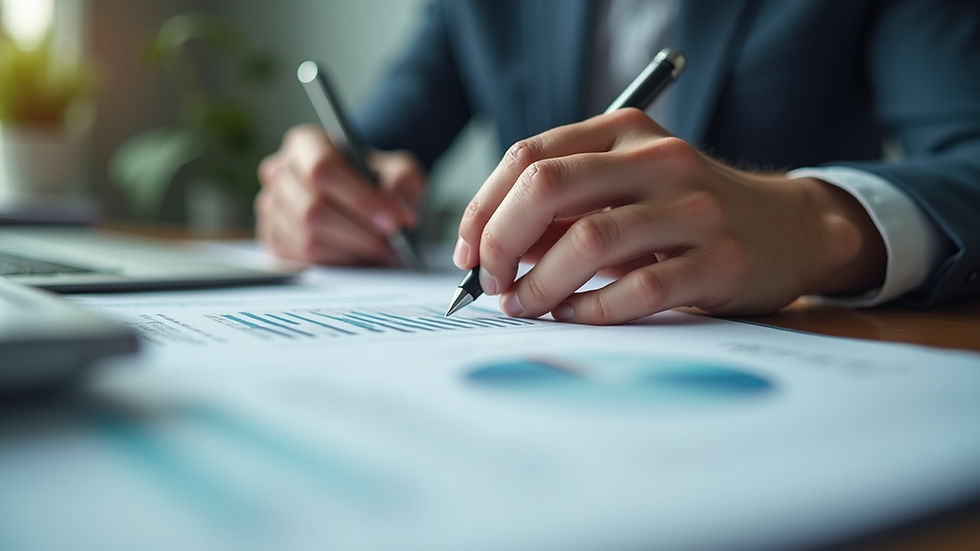 Eye-level view of a person reviewing financial documents at a desk