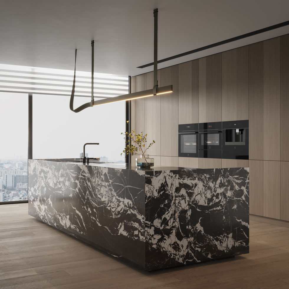 Cozinha moderna com ilha de mármore preto e armários de madeira clara
