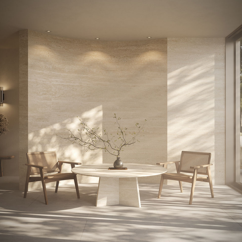 Sala de estar minimalista: mesa redonda, duas cadeiras, arranjo floral.
