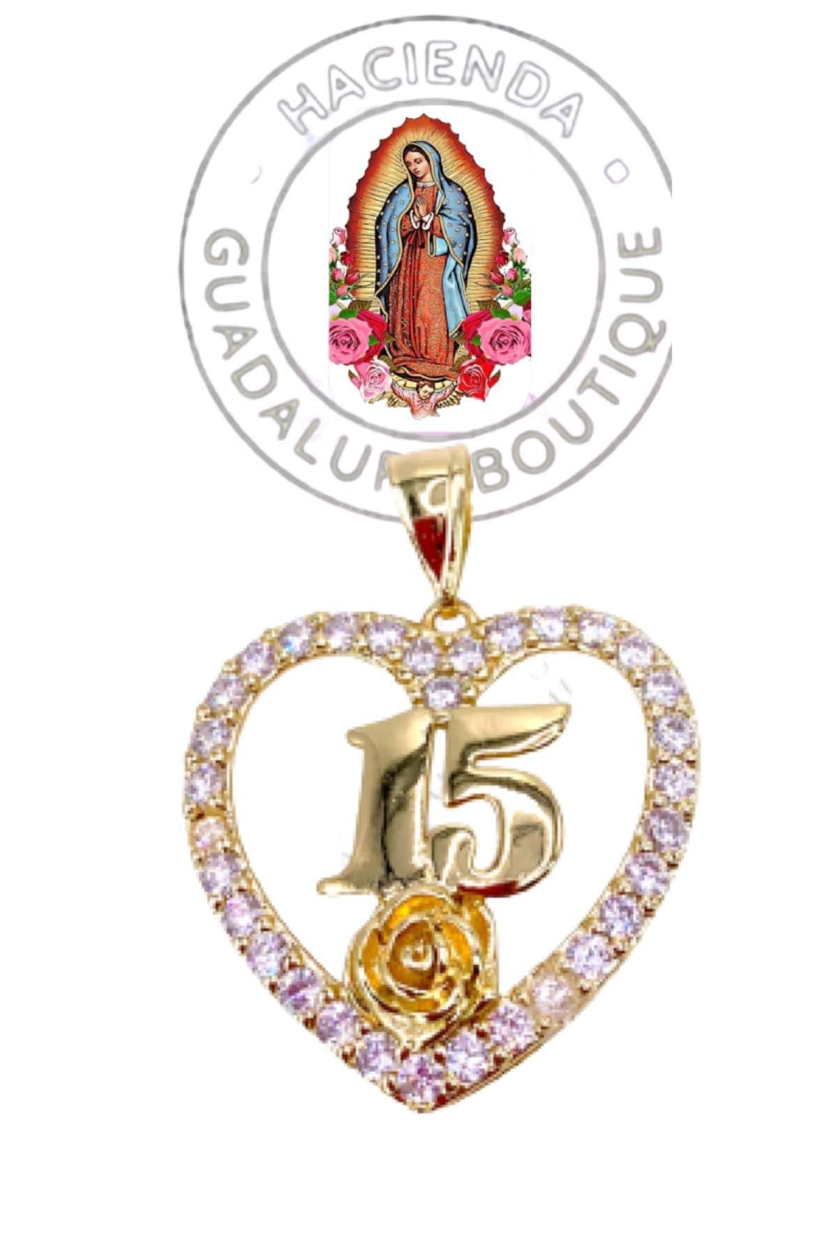 Quinciañera Heart and Rose Pendant