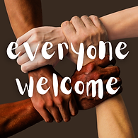 Everyone Welcome - holding hands on brown background