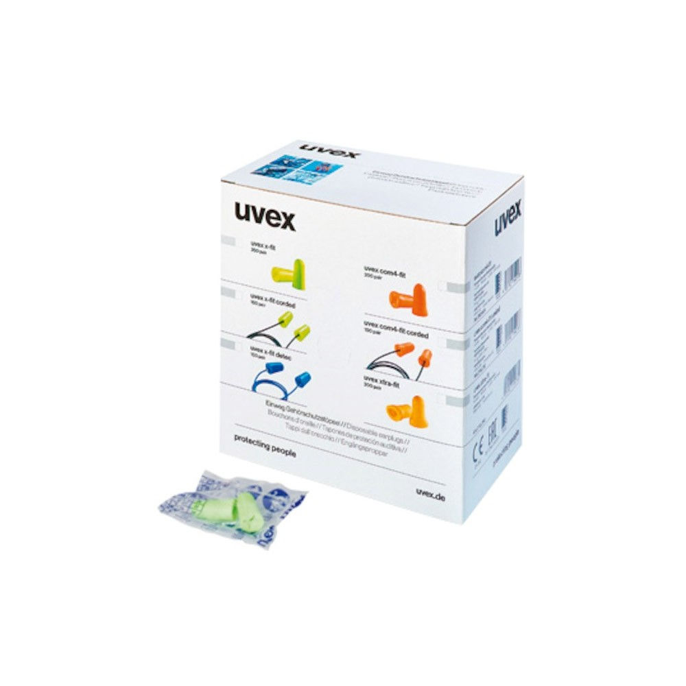 UVEX kulak tıkaçları kutusu ve ambalajı. İş güvenliği ekipmanları, gürültü koruma.