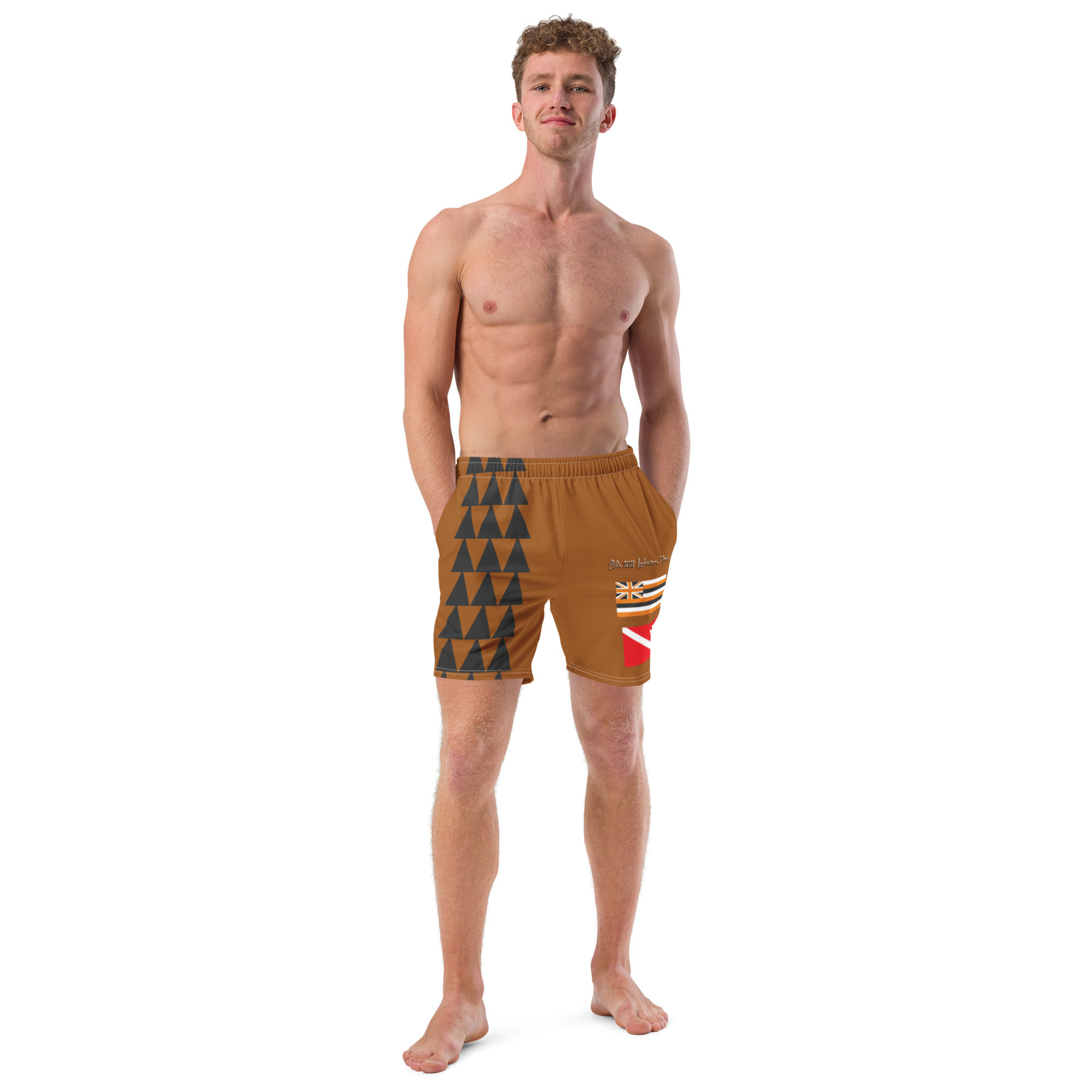 All-Over Print Recycled Swim Trunks Hawaiian and Diver flag brown