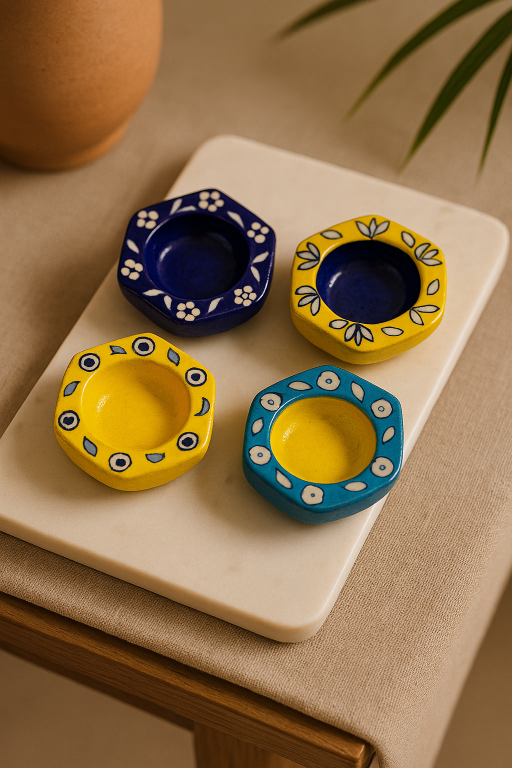 Jaipur Blue Pottery Handpainted Festival Katori Diyas (set of 4)