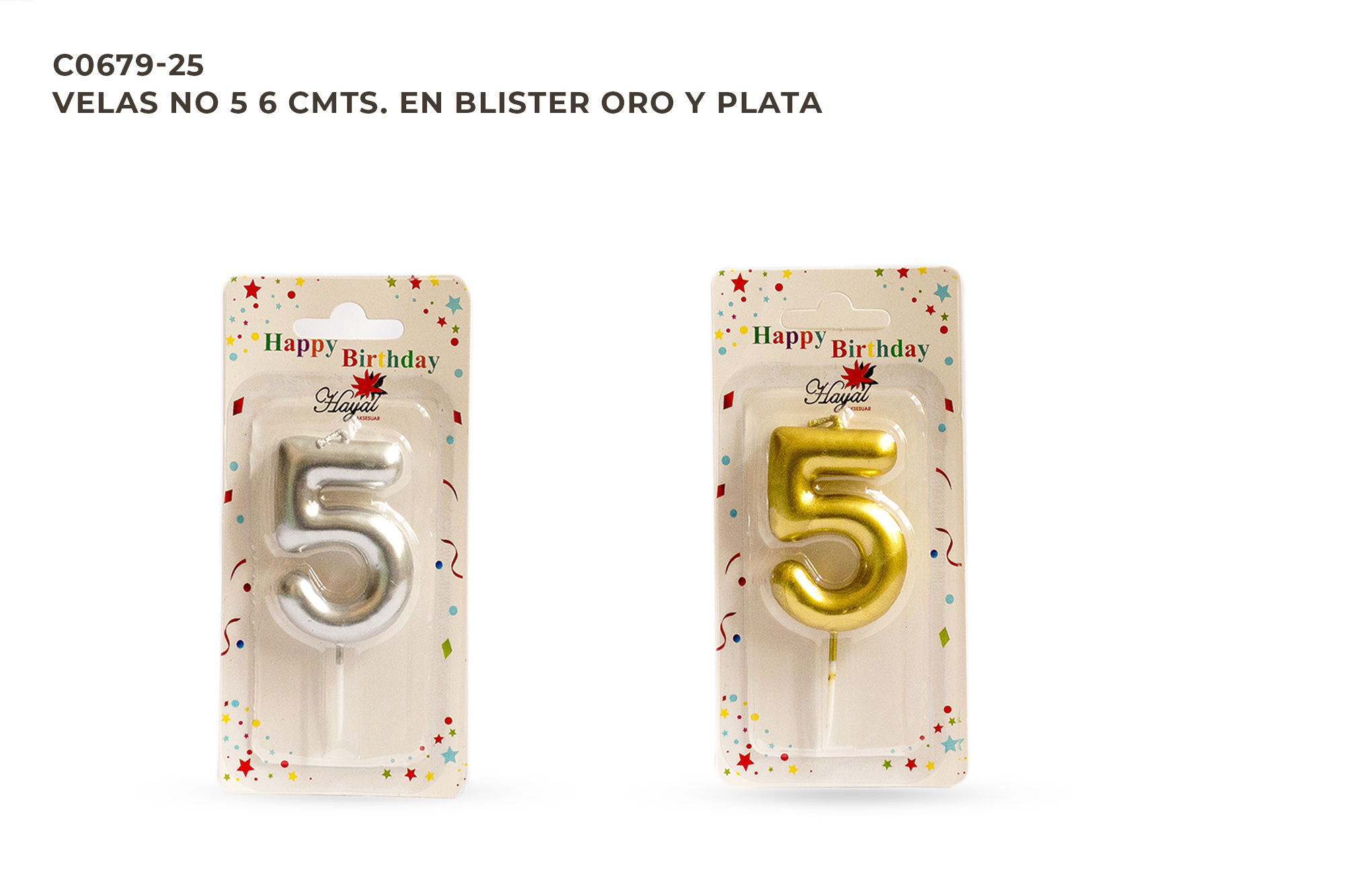 Vela Número "5"  6 Cmts en Blíster. Oro y Plata