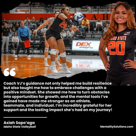 Idaho State Volleyball athlete Asiah Sopo’aga praising Coach VJ’s mental performance coaching for building resilience, positive mindset, and long-term personal growth.