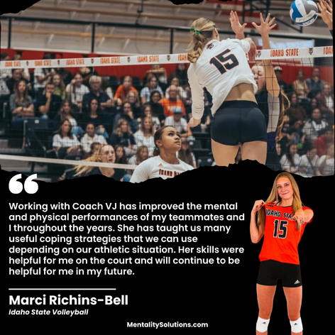 Idaho State Volleyball athlete Marci Richins-Bell praising Coach VJ’s mental performance coaching for improving coping strategies, confidence, and on-court performance.