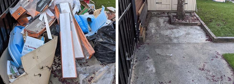 Side yard full of renovation leftovers, then fully cleared