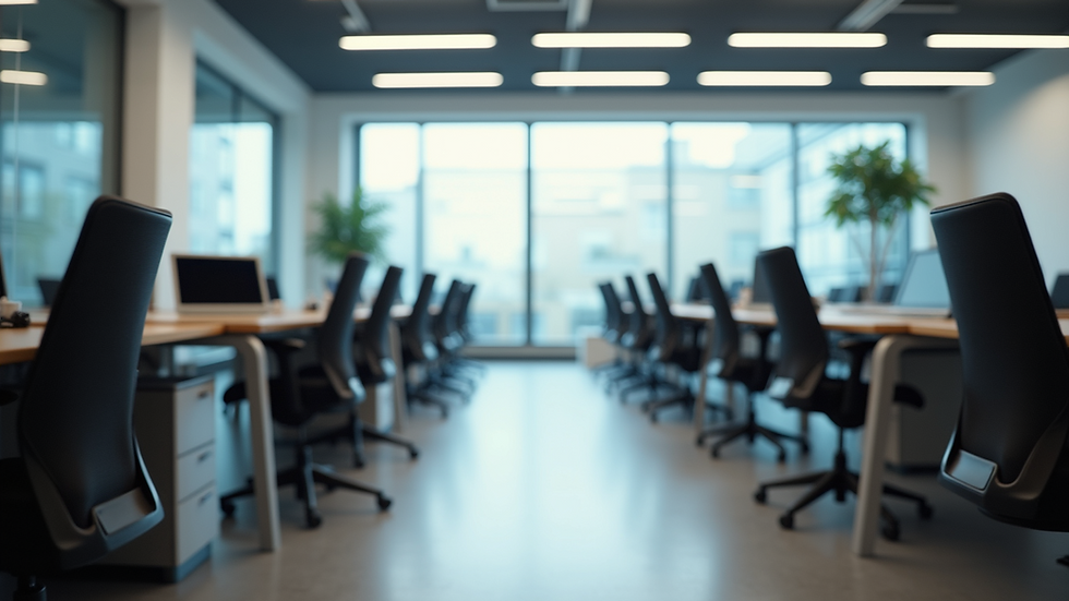 Eye-level view of a modern shared office with desks and chairs