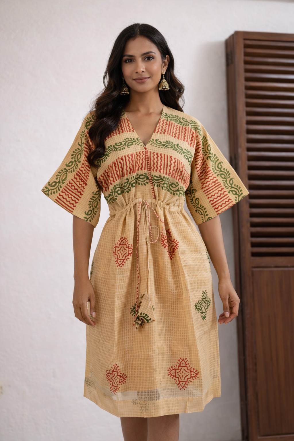 Beige Block Printed Handwoven Dress
