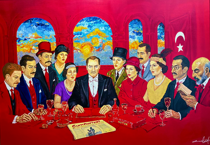 Title: Republic Table
Artist: Elif Process
Year: 2025
Size: 100 × 140 cm
Medium: Oil & Acrylic on Canvas
Technique: Mixed Technique (layered figurative composition, historical reconstruction)
Style: Contemporary Figurative / Historical Narrative
Notes: Background depicts an Istanbul golden-hour sunset with a symbolic small boat on the water.