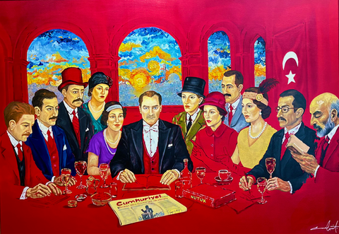 Title: Republic Table
Artist: Elif Process
Year: 2025
Size: 100 × 140 cm
Medium: Oil & Acrylic on Canvas
Technique: Mixed Technique (layered figurative composition, historical reconstruction)
Style: Contemporary Figurative / Historical Narrative
Notes: Background depicts an Istanbul golden-hour sunset with a symbolic small boat on the water.