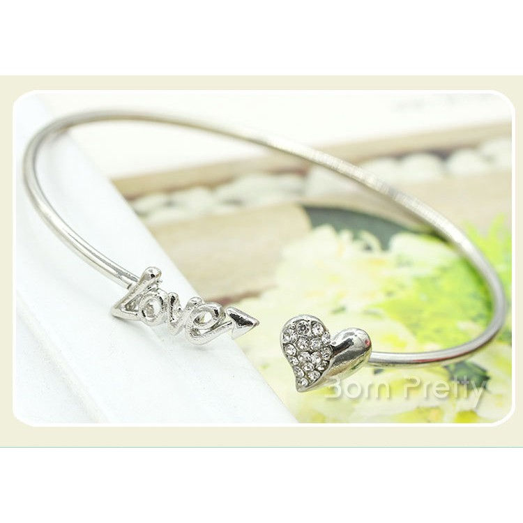 Thumbnail: 1Pc Love Heart Shape Rhinestone Open Bangle Bracelet Gold/Silver
