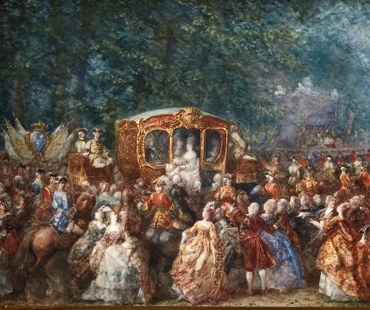 María Antonieta, de catorce años, cruza la frontera hacia Francia en mayo de 1770, en un vestido dorado. Al fondo se ve el pabellón donde la nueva Delfina entregó todas sus ropas y pertenencias austriacas y se vistió con el atuendo francés.