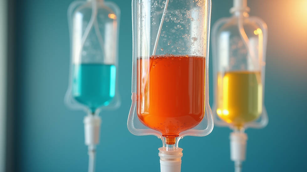 Close-up view of an IV bag filled with colorful vitamin solutions
