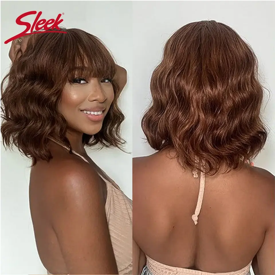 Thumbnail: Short Bob Wig Loose Body Wave Wig With Bangs Brazilian Remy 100% Human Hair Wig