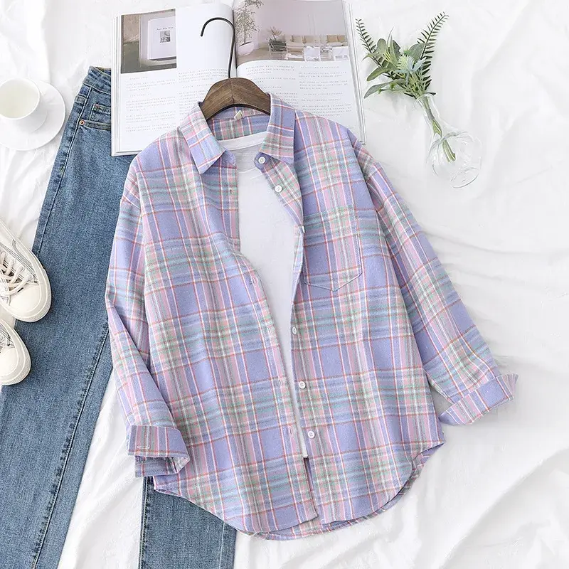 Miniatura: Brand Women's Flannel Plaid Shirts 2025 New Ladies Tops Exquisite Designer Style