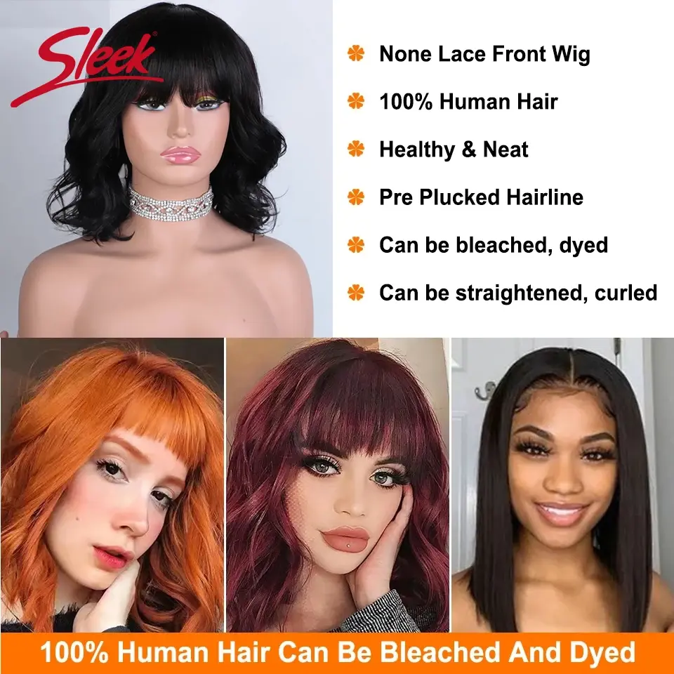 Thumbnail: Short Bob Wig Loose Body Wave Wig With Bangs Brazilian Remy 100% Human Hair Wig