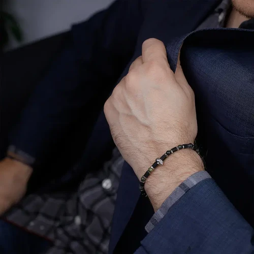Bracelet Homme Crâne En Pierre De Lave - Fabrication Artisanale Y.S Créations, Noir, 21-22 Cm