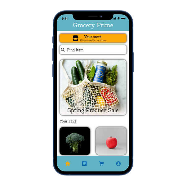 Product mock up grocery prime app displaying the home screen on an iphone