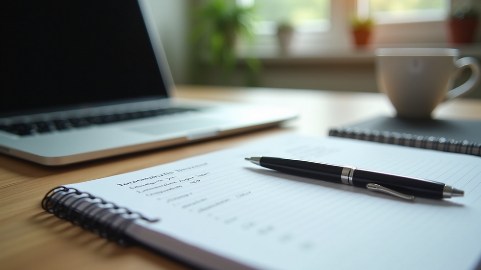 Eye-level view of a neat desk with a laptop and notepad for career planning
