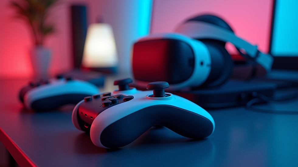 Close-up view of a VR headset and controllers on a sleek gaming station