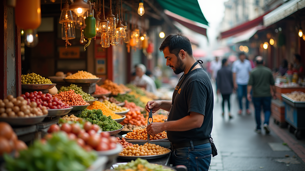 Eye-level view of a bustling street market with colorful food stalls
