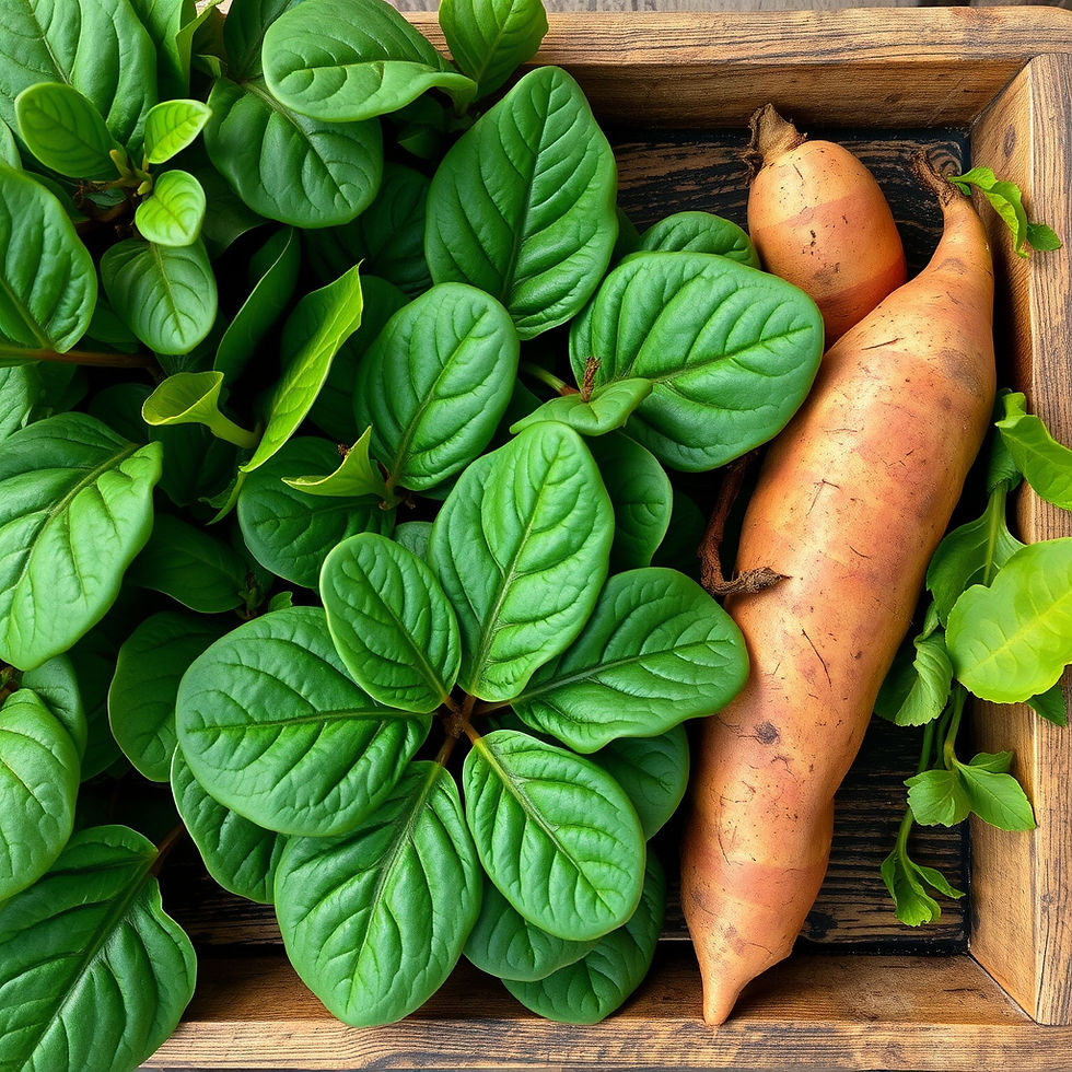 Eye-level view of a colorful bowl of callaloo with fresh herbs