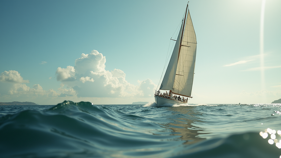 Eye-level view of a classic gaff-rigged sailing yacht gliding through the water