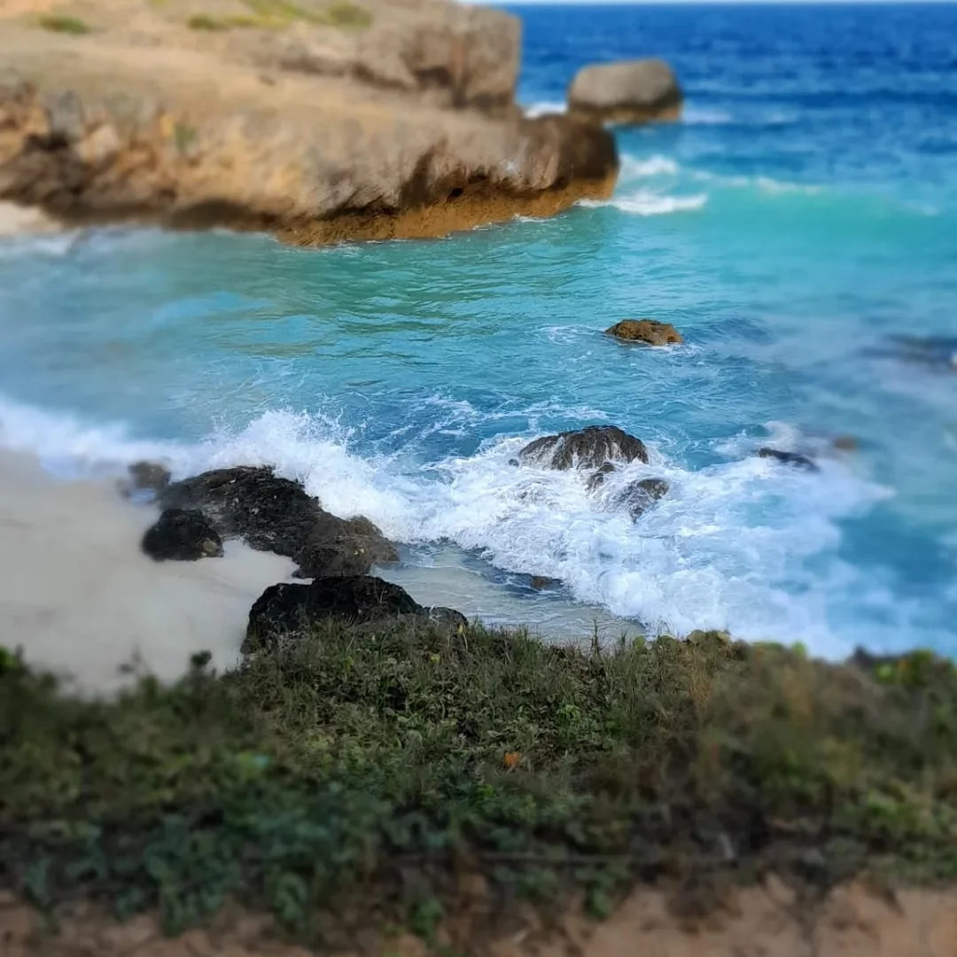 Turquoise ocean waves crashing against dark rocks on a sandy cove, with cliffs and greenery in the foreground.