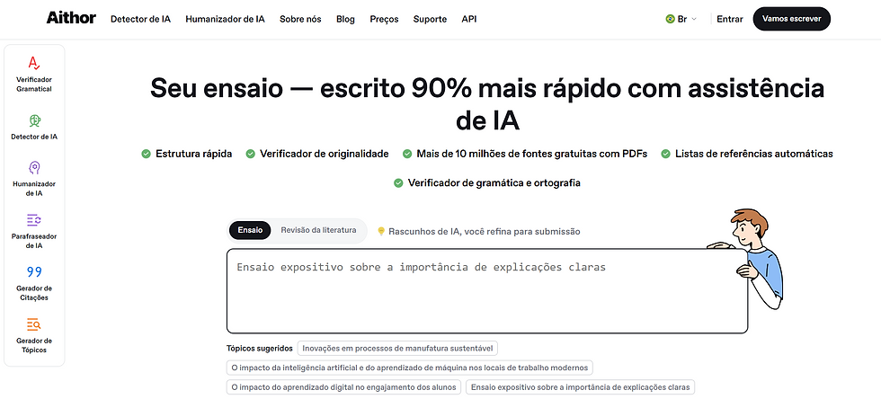 O Aithor é um assistente de escrita acadêmica com IA que ajuda a estruturar, revisar e enriquecer textos, oferecendo fontes confiáveis e ferramentas de edição. É útil para acelerar o processo de pesquisa e escrita, mas deve ser usado como apoio, não como substituto da produção intelectual própria.