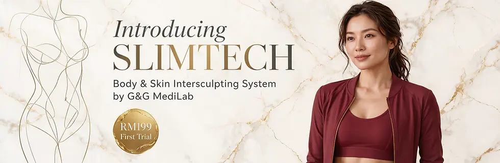  Confident Asian woman in activewear next to SLIMTECH Body & Skin Intersculpting System by G&G MediLab, featuring gold marble luxury aesthetic and RM199 First Trial badge