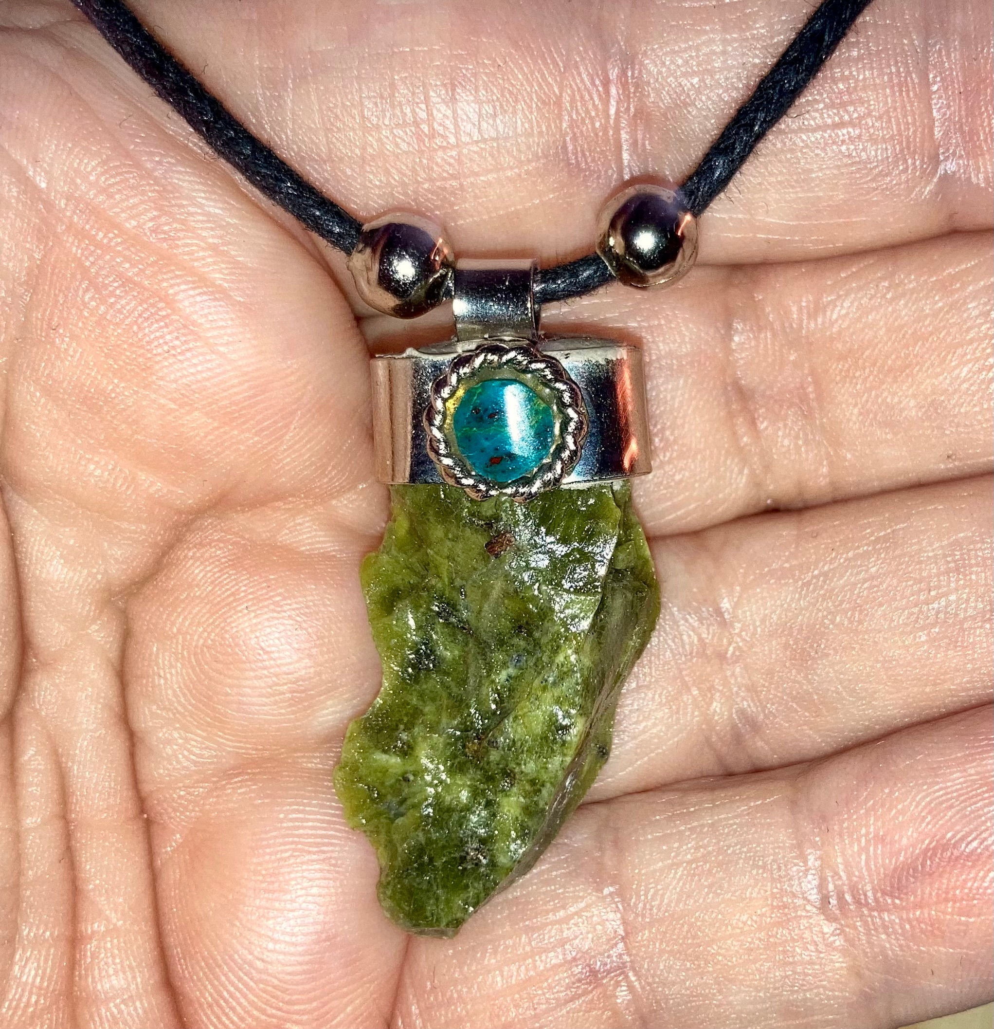 Raw Serpentine alpaca silver Necklace adjustable black cord