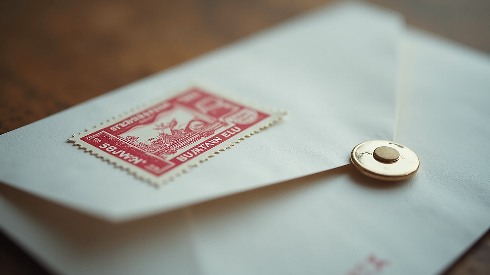 Close-up view of a stamped envelope ready to be mailed