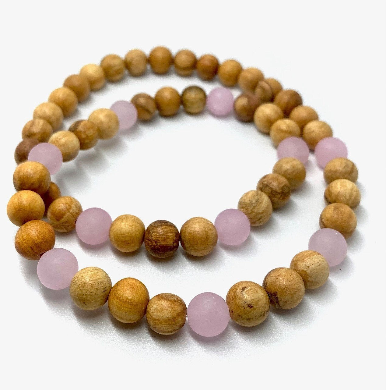 8mm Palo Santo sacred wood / frosted pink quartz set necklace and bracelet