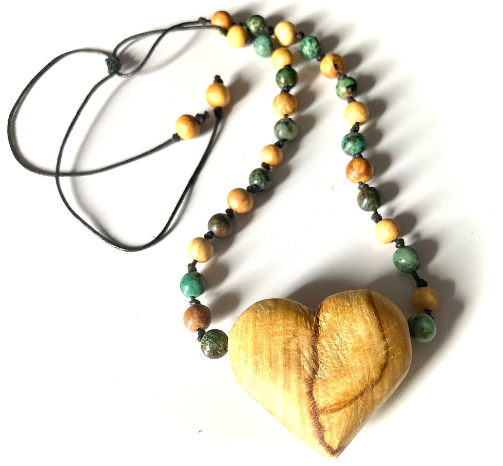 Thumbnail: Palo Santo puffed heart necklace with African turquoise gemstone and bracelet