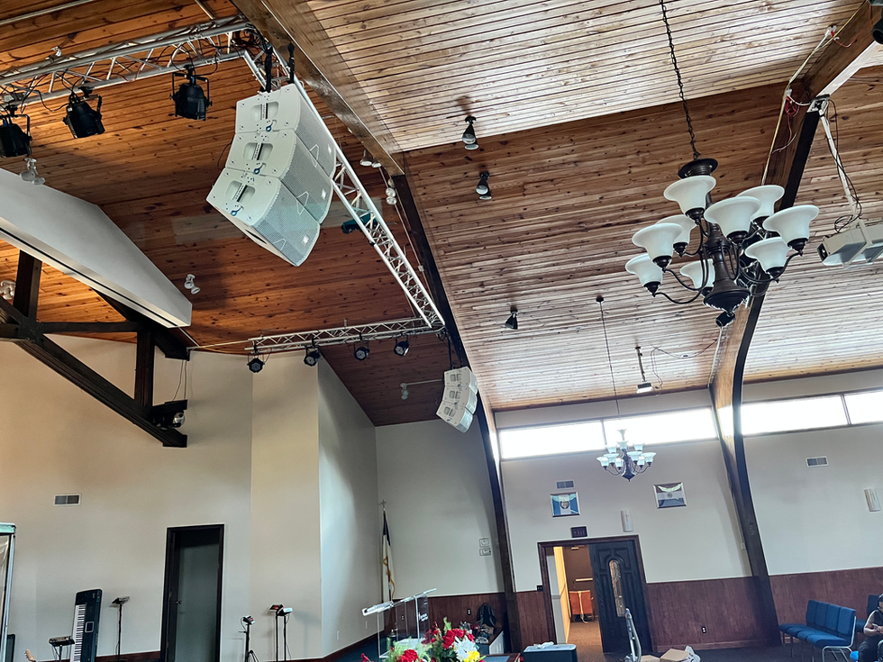 Church stage audio system with ceiling-mounted speakers